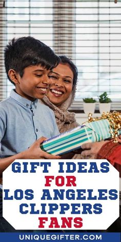 a man and woman holding gifts with the words gift ideas for los angeles clippers fans