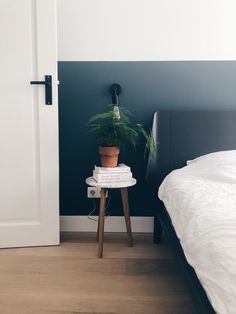 a bedroom with a bed, nightstand and potted plant on the end table next to it