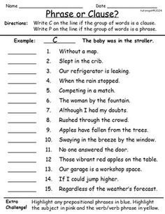 a worksheet with words and pictures to help students learn how to use phrases