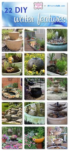 several pictures of different types of water features in the garden, including rocks and plants