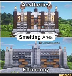 two different views of the same building with text that reads, aesthetics smelting area