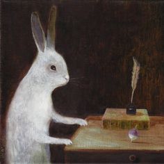 a painting of a white rabbit standing on its hind legs in front of a table