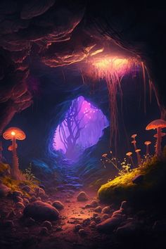 an image of a cave with mushrooms and lights