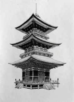 a drawing of a pagoda with people standing around it