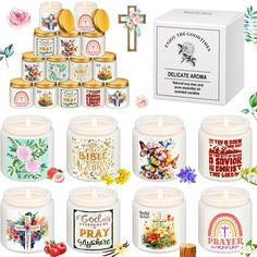 many different candles are shown with flowers on them