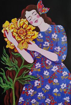 a painting of a woman holding a flower