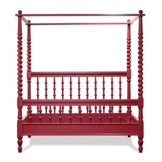 a red bed frame with wooden posts and spindles on the top, against a white background