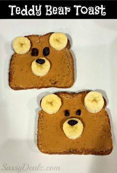 two pieces of toast with peanut butter and banana slices on them, each topped with a bear face