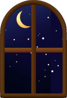 an open window with the moon and stars outside