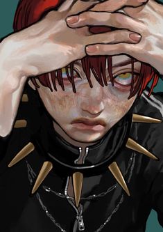 an anime character with red hair covering his eyes