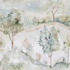 watercolor painting of trees and hills in the distance