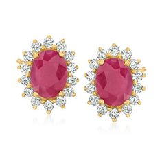 Ross-Simons - 2.00ct t.w. Ruby, .36ct t.w. Diamond Earrings in 14kt Yellow Gold. Perfect for red enthusiasts or the July-born, these 2.00 ct. t.w. oval ruby earrings are bursting with cherry-red goodness from a lively halo of .36 ct. t.w. round brilliant-cut diamonds. Set in polished 14kt yellow gold. Post/clutch, diamond and ruby earrings. Ruby birthstones are the perfect gift for July birthdays. Red Oval Diamond Earrings For Anniversary, Classic Red Halo Design Earrings, Oval Red Diamond Earrings For Anniversary, Formal Red Diamond Earrings With Brilliant Cut, Classic Red Diamond Earrings With Accents, Red Cubic Zirconia Classic Diamond Earrings, Classic Ruby Diamond Earrings With Accents, Classic Red Diamond Earrings, Classic Ruby Diamond Earrings With Diamond Accents