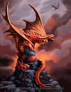 a red dragon sitting on top of a pile of rocks in front of a cloudy sky