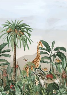 a painting of giraffes and zebras in the jungle