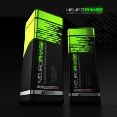 two batteries sitting side by side on top of a black surface with the words neurophase written in green