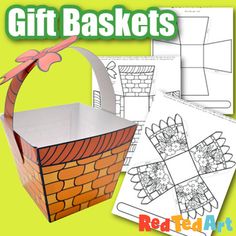 a basket with paper cut outs and the words gift baskets