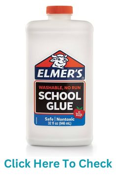 a bottle of school glue sitting on top of a white background with the words, elimer's washable no run school glue