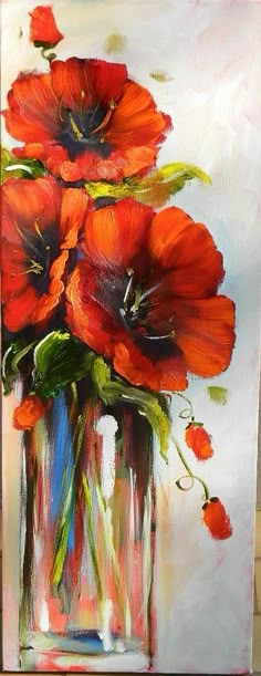 a painting of red flowers in a glass vase