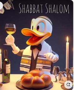 a cartoon character holding a wine glass and bread on a table with candles in the background