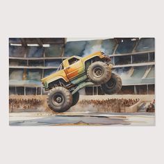 a painting of a monster truck in the air