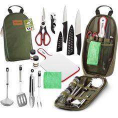 an assortment of kitchen utensils in a green case with scissors and other items