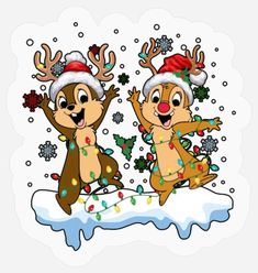 two cartoon animals wearing christmas hats and dancing in the snow