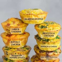 four different types of muffins stacked on top of each other with labeled names