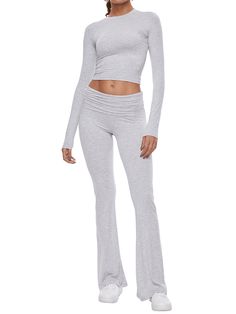 Yoga Slim Fit Two Piece Outfits Long Sleeve Cropped Top Fold-over Flare Pants Set - AnotherChill Outfits Pajamas, Low Rise Flare Pants, Cropped Outfits, Flare Pants Set, Long Sleeve Cropped Top, 2000s Outfits, 2024 Style, Crop Top Casual, High Waisted Flares