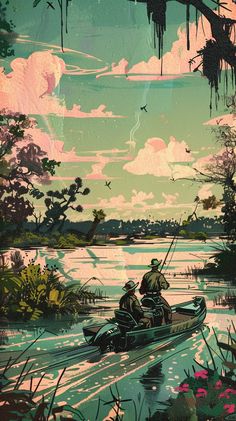 two people in a motorboat on a river with trees and birds flying above them