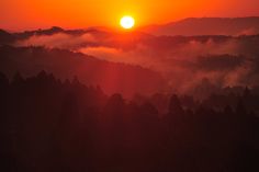 the sun is setting over some mountains with fog in the foreground and trees on the far side