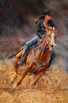 a woman riding on the back of a brown horse next to a black and white photo