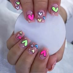 Short Length Neon Hearts Press On Nail Kit. 75 Candy Colored Nails, Fun Valentines Nails Short, Green And Pink Valentines Nails, Nails For 4 Th Of July, Little Kid Nails Designs, Valentines Nails For Kids, Kids Valentines Nails, Halloween Kid Nails, Short Neon Nail Designs