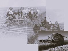 an old photo shows farm equipment and people in the field, including two horses pulling a plow