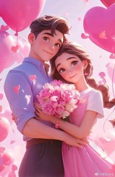 the princess and the frog are hugging in front of heart shaped balloons with pink flowers