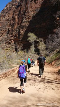 several people walking on a path in front of a mountain side with trees and bushes