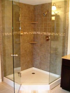 a walk in shower sitting inside of a bathroom