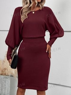 Sleeve Type:Bishop Sleeve \nStyle:Casual \nWaist Line:High Waist \nNeckline:Round Neck \nHem Shaped:Straight \nColor:Burgundy \nPattern Type:Plain \nSleeve Length:Long Sleeve \nLength:Short \nFit Type:Regular Fit \nFabric:Slight Stretch \nMaterial:Fabric \nComposition:50% Viscose \nComposition:29% Polyester \nComposition:21% Polyamide \nCare Instructions:Hand wash or professional dry clean \nTemperature:Late Fall (10-17℃/50-63℉) \nSheer:No \n Batwing Sleeve Sweater, Late Fall, Sweater Dresses, Bishop Sleeve, Sweater Dress Women, Women Sweater, Clothes Ideas, Batwing Sleeve, Sweater Sleeves