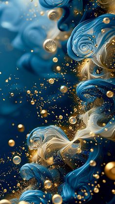 an abstract painting with blue and gold bubbles in the air, on a dark background