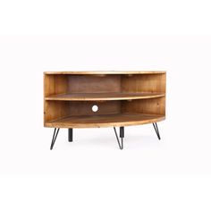 a wooden shelf with two black legs and an oval shaped shelf on one end,