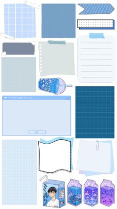 an assortment of stationery paper with blue and white designs