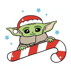 a baby yoda holding a candy cane with stars on the background and in santa hat