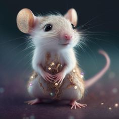 a white rat sitting on top of a purple floor next to a black background with gold decorations