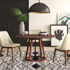 a dining room table and chairs with an area rug