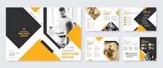 the brochure design is shown in yellow and black colors, with geometric shapes