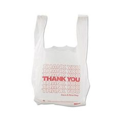 a white plastic bag with thank you written on the front and bottom, in red