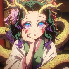 an anime character with blue eyes and green hair, holding her hands to her face