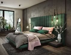 a bedroom with a green headboard and wooden flooring next to a large window