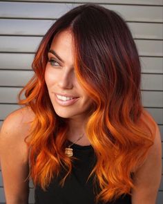 Dark Root Ginger Balayage, Cooper Hair Color With Dark Roots, Black And Copper Hair, Copper Hair With Shadow Root, Copper Hair With Dark Roots, Hair Peg, Fire Ombre Hair, Orange Ombre Hair, Cheveux Oranges