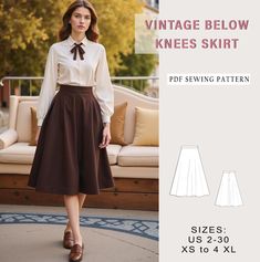 a woman wearing a skirt and blouse with the text vintage below it that reads, sewing pattern