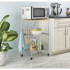 a microwave is on top of a shelf near a potted plant and other kitchen items